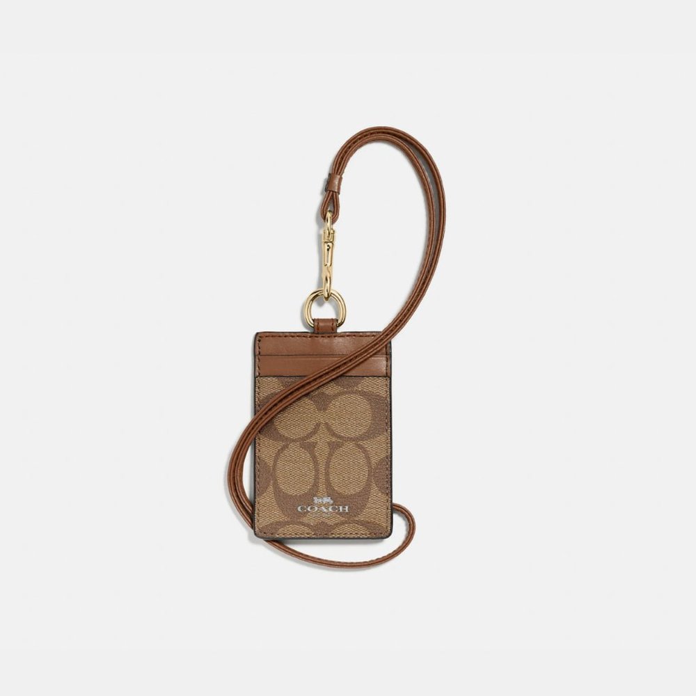 Coach Id Lanyard In Signature Canvas in Khaki/Saddle with Leather Trim